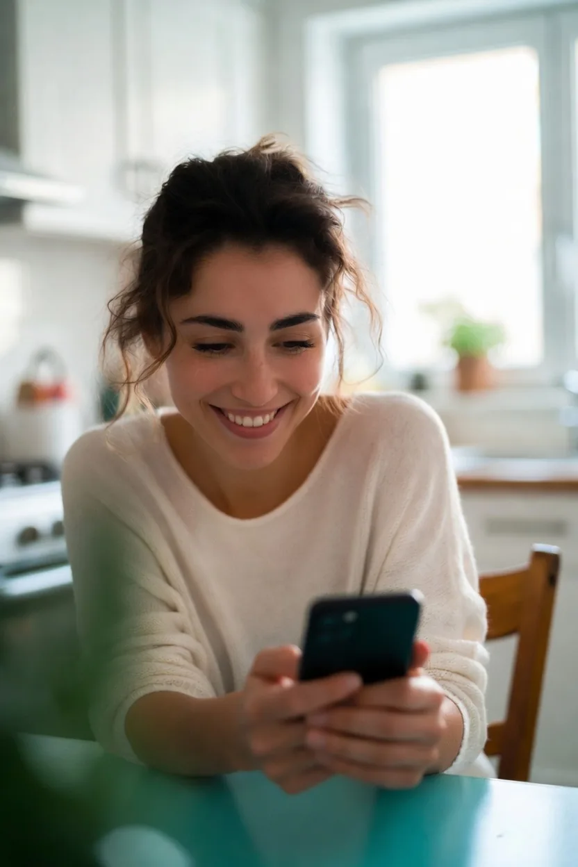 Mujer sonriente consultando en su móvil la aprobación de su préstamo online